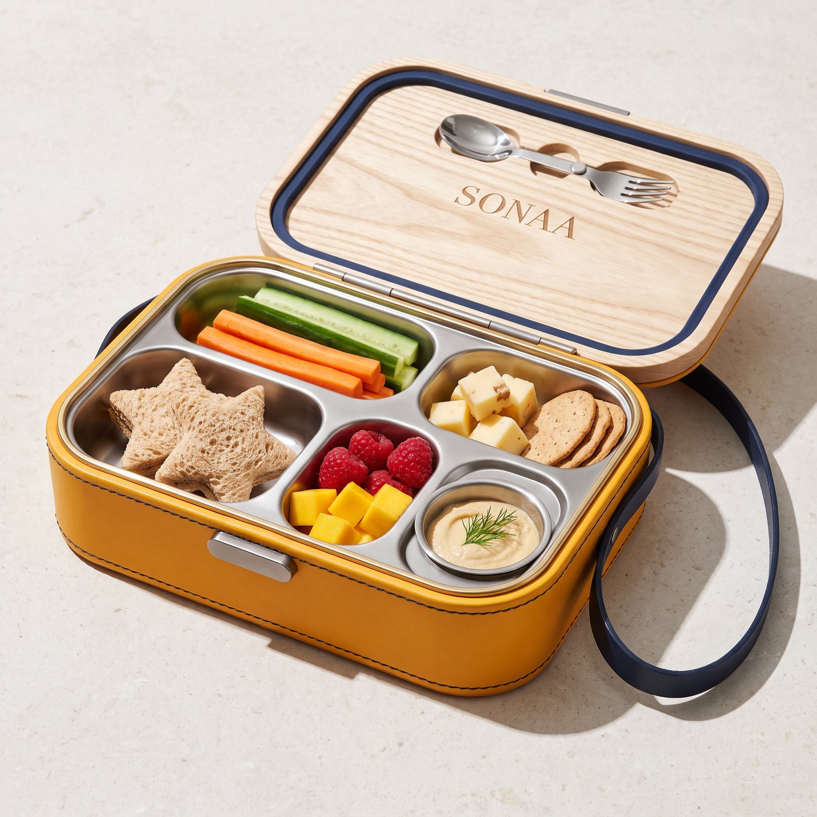 The Sonaa Bento: marigold leather case, gold-rimmed titanium insert with compartments and a dip cup, ash lid engraved SONAA