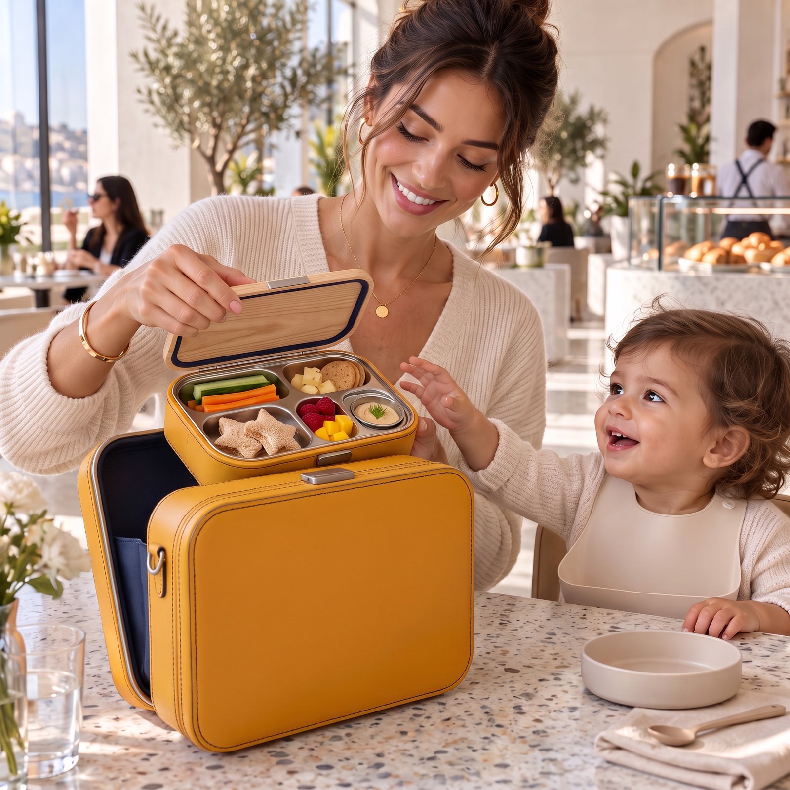 A mother at a café lifts the bento from the Valise for her toddler