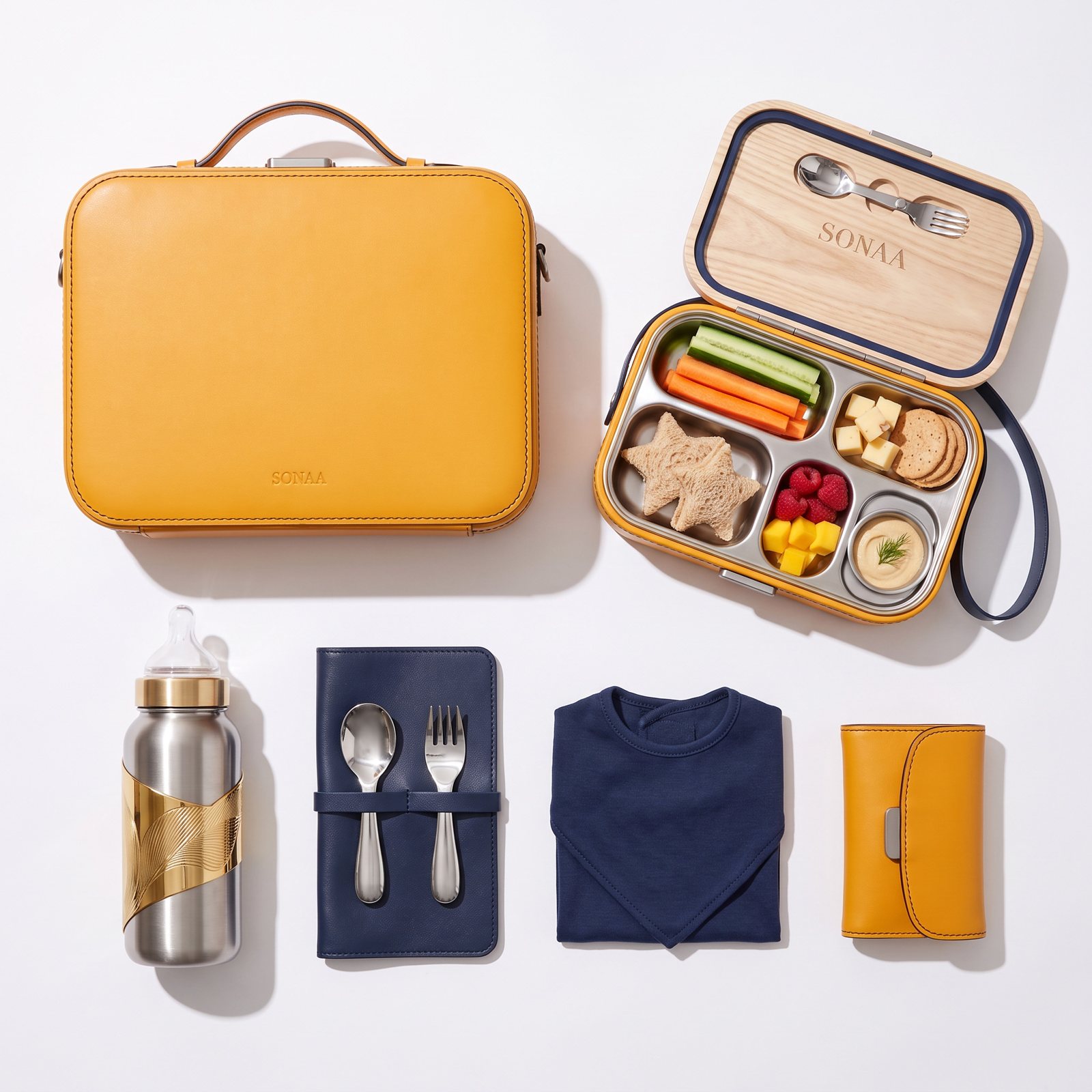 Flat-lay of the travel set: Valise, open bento, gold-sleeved Vessel, toddler cutlery on a leather roll, bib and wipes case