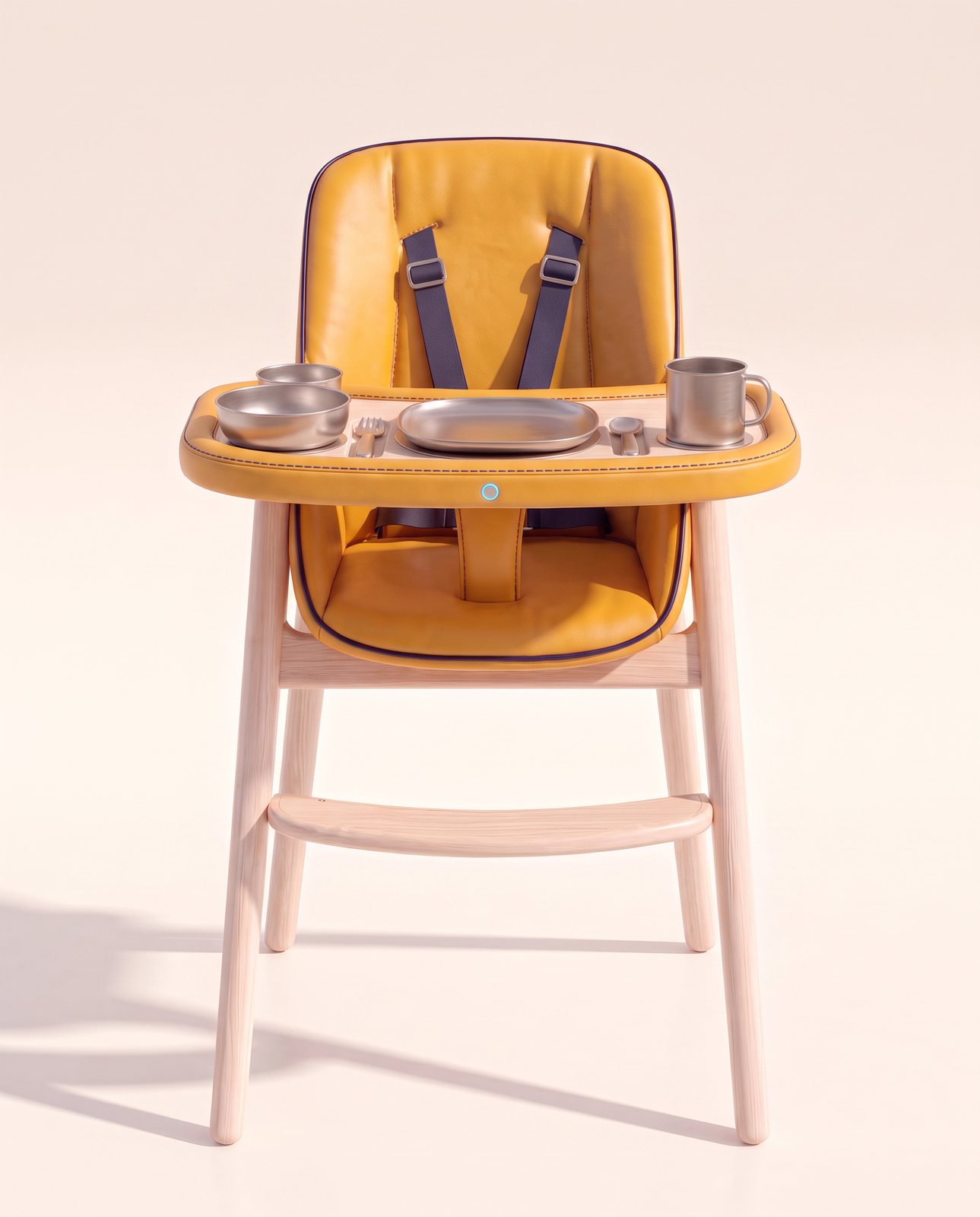The Sonaa chair head-on, tray attached, titanium tableware set out, on a warm white backdrop