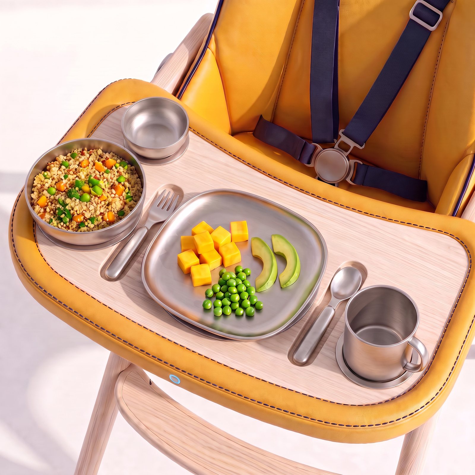 The Sonaa chair set for lunch: a marigold leather-wrapped ash tray with titanium plate, bowls and cup, and toddler cutlery in recessed grooves