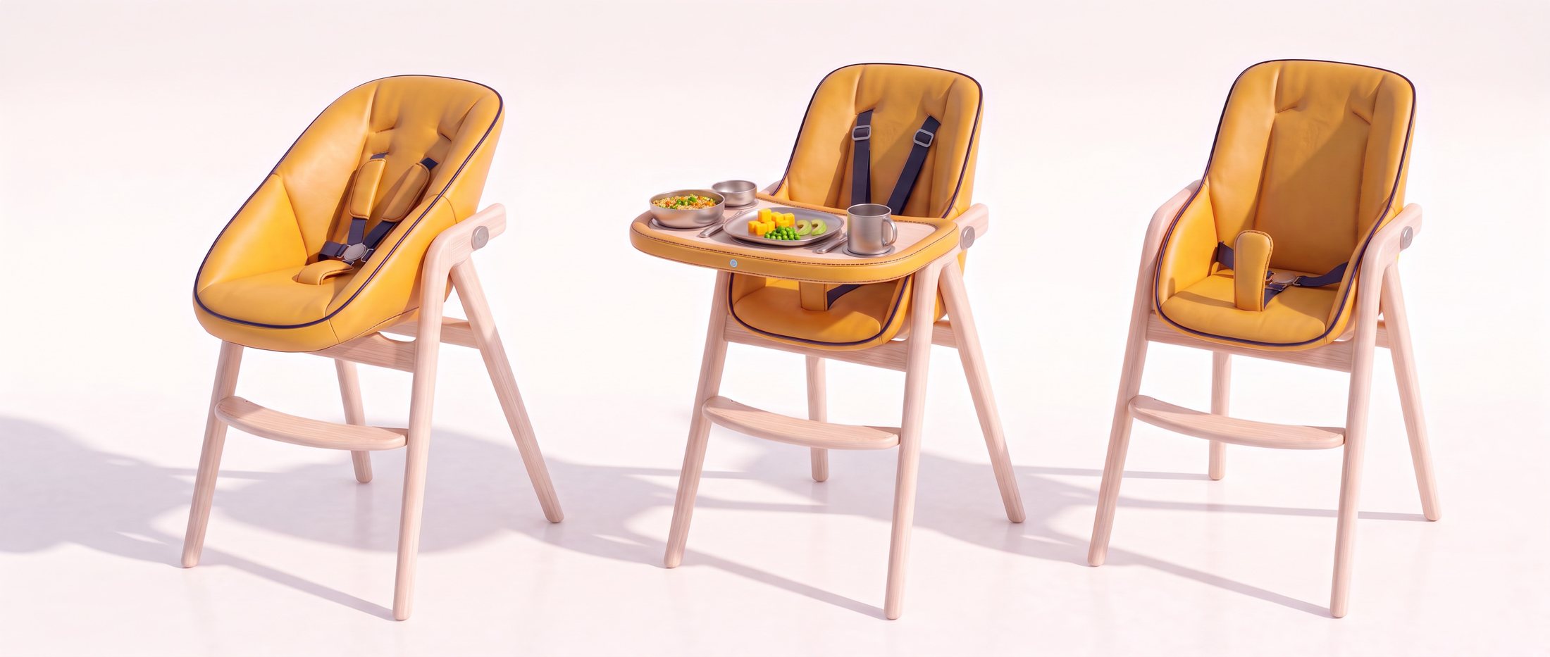 Three identical ash frames: a reclined newborn cradle, the feeder with its tray set for a meal, and the larger Grow Seat