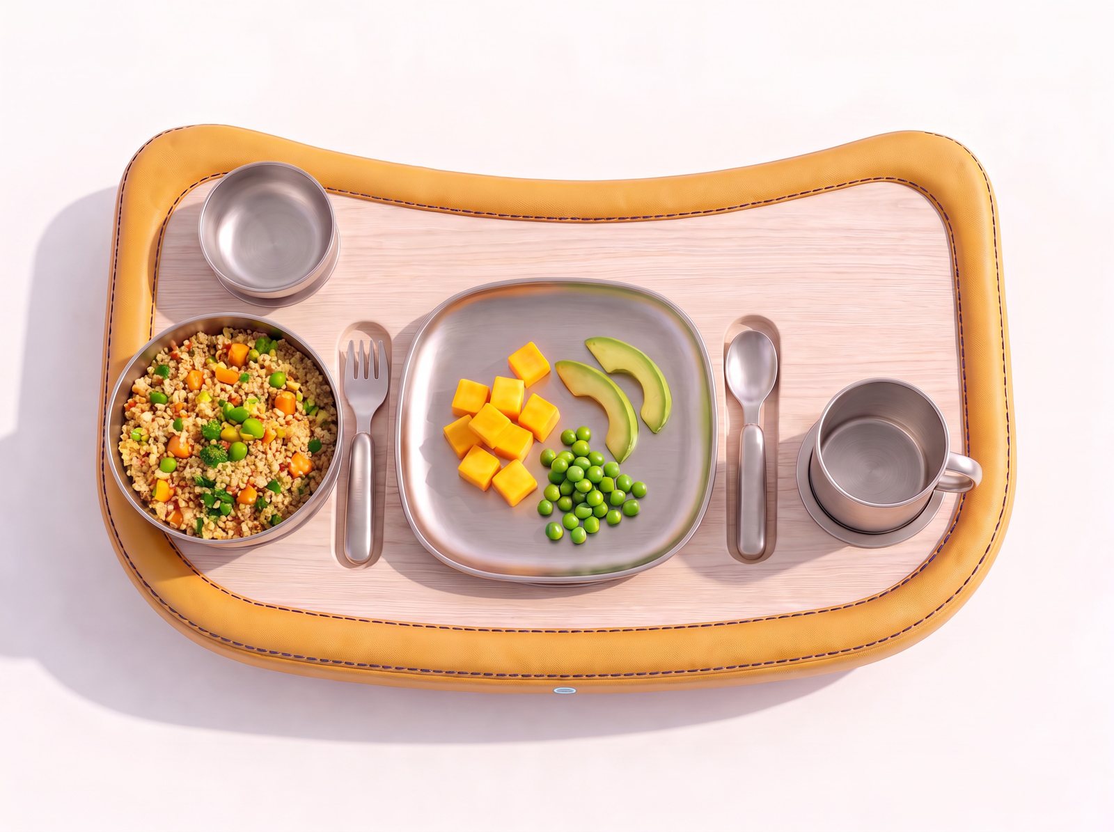Top-down view of the Sense tray with titanium cup, bowls, plate, toddler fork and spoon on pale ash edged in marigold leather