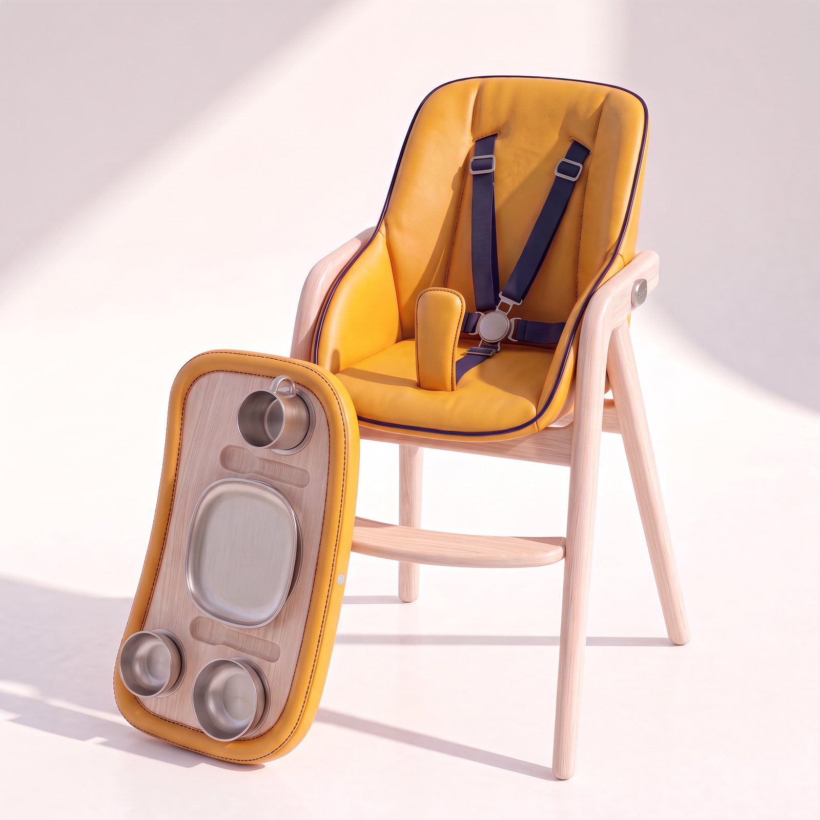 The chair with its tray off, leaning against the leg, titanium tableware clicked into the tray wells