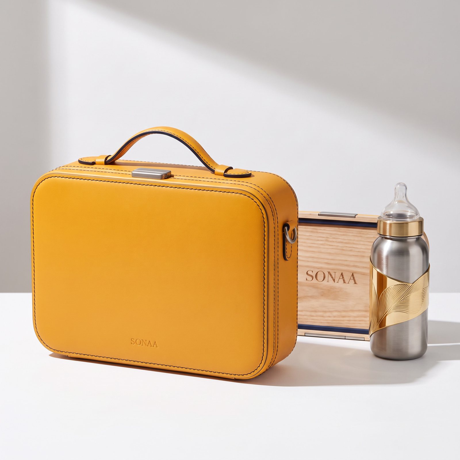 The Valise: a slim marigold box-calf case with titanium turn-lock beside the bento and the gold-sleeved Vessel