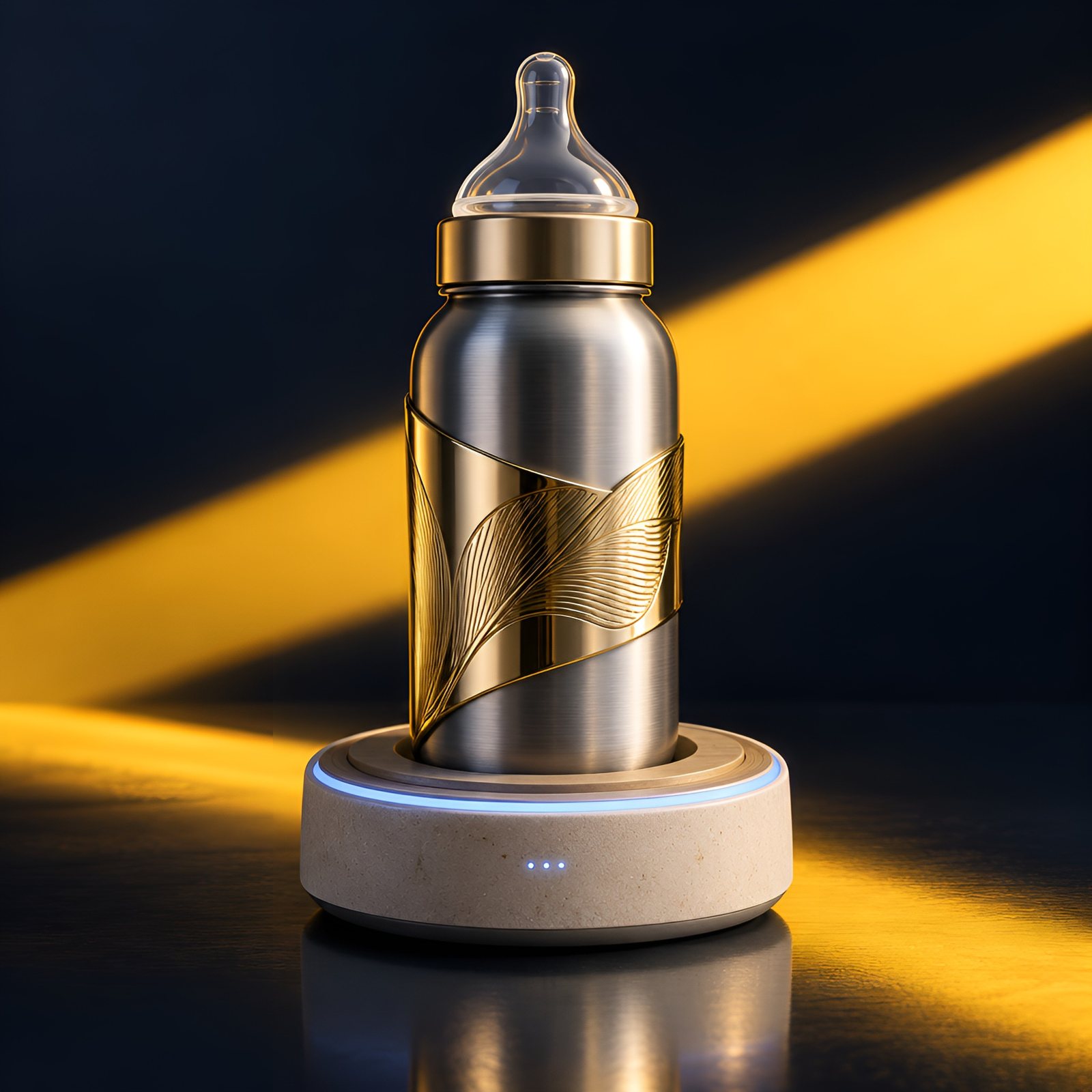 The Vessel: a titanium bottle with an engraved gold sleeve in its dock, a sky-blue light ring glowing